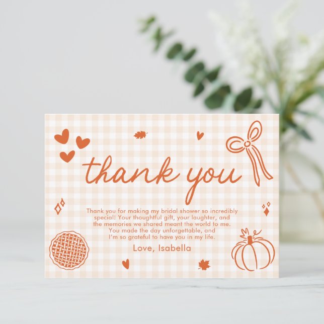 Herbst Orange Gingham Handgezeichnete Schleife Dan Einladung (Stehend Vorderseite)