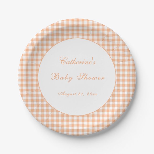 Herbst Orange Gingham Klassischer Baby Shower Tell Pappteller (Vorderseite)