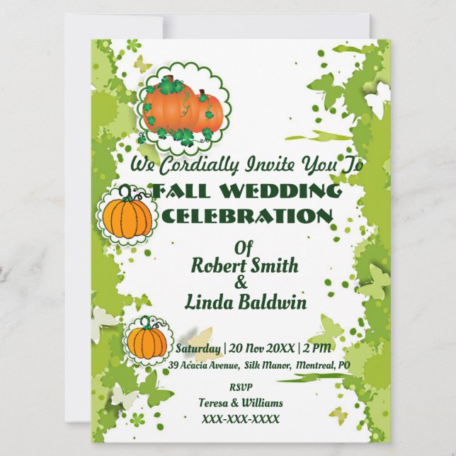 Herbst Orange Pumpkin Green Wedding Einladung (Vorderseite)