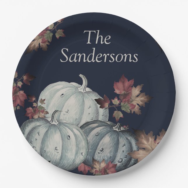 Herbst Party Blauer Kürbis, glückliches Erntedankf Pappteller (Vorderseite)