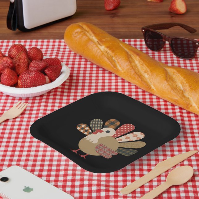 Herbst-Patchwork-Steppdecke Truthahn Erntedankfest Pappteller (Picknick)