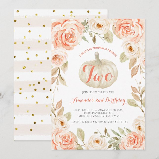Herbst Peach Pumpkin 2. Geburtstag Einladung (Vorne/Hinten)