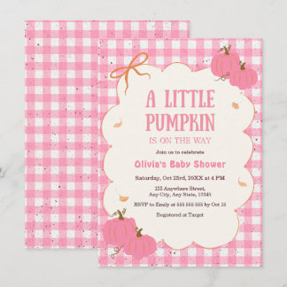 Herbst-Pink-Gingham Ein Kleiner Kürbis-Baby-Party Einladung