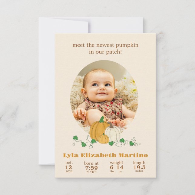 Herbst Pumpkin Birth Ankündigung (Vorderseite)