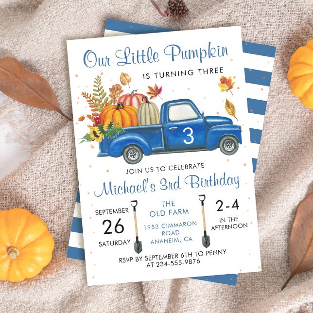 Herbst Pumpkin Blätter Blue Truck Herbst Geburtsta Einladung (Von Creator hochgeladen)