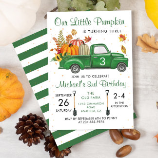 Herbst Pumpkin Blätter Grüner LKW Herbst Geburtsta Einladung
