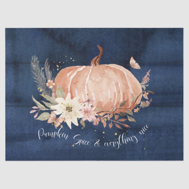 Herbst Pumpkin Fall Leaf Navy Blue Wood Decoupage Seidenpapier (Vorderseite)
