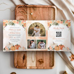 Herbst Pumpkin Floral Foto QR Code Hochzeit Dreifach Gefaltete Einladung<br><div class="desc">Erleben Sie Ihre Gäste mit dieser eleganten Hochzeitsreise mit wunderschönen Aquarellfarben-Blume und moderner Typografie mit der RSVP-Online-Karte. Fügen Sie einfach Ihre Veranstaltungsdetails zu dieser leicht zu bedienenden Vorlage hinzu und schmücken Sie diese Karte mit Ihren bevorzugten Fotos,  um sie zu einer personalisierten Einmaleinladung zu machen.</div>