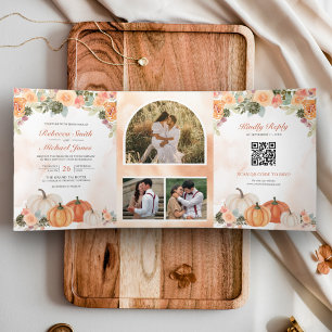 Herbst Pumpkin Floral Foto QR Code Hochzeit Dreifach Gefaltete Einladung