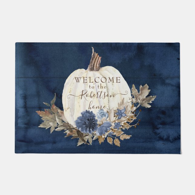 Herbst Pumpkin Navy Willkommen Mat Familienname Fußmatte (Vorderseite)