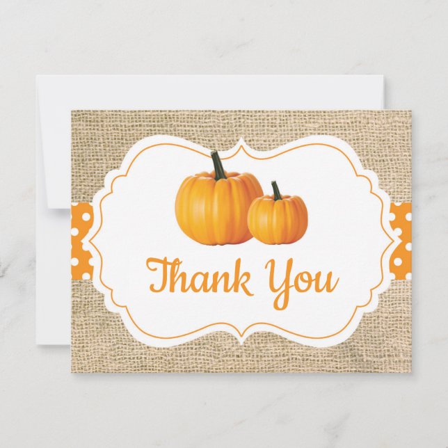 Herbst Pumpkin Orange Burlap Danke Karte (Vorderseite)