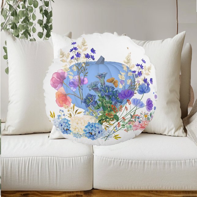 Herbst Pumpkin Pastel Blau Botanische Flora Rundes Kissen (Autumn Fall Pumpkin Pastel Blue Botanical Floral Round Pillow)