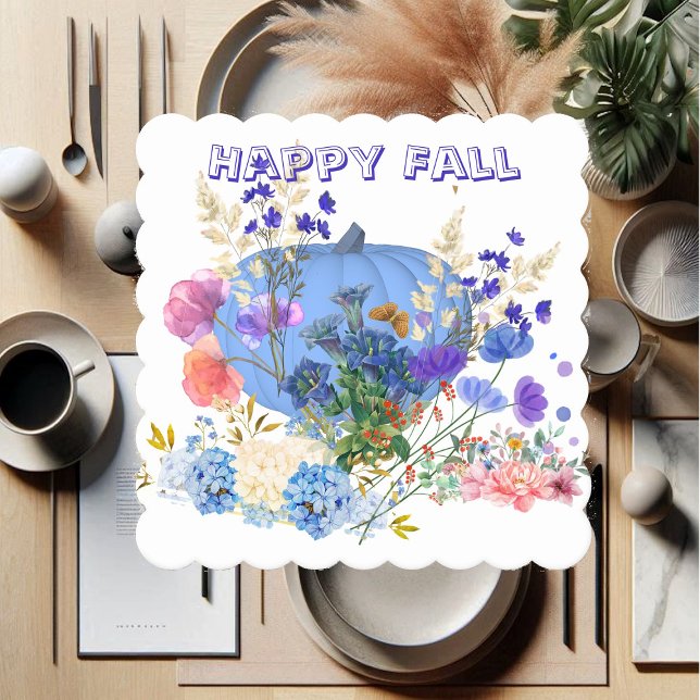 Herbst Pumpkin Pastel Blau Botanische Flora Untersetzer (Autumn Fall Pumpkin Pastel Blue Botanical Floral Paper Coaster)