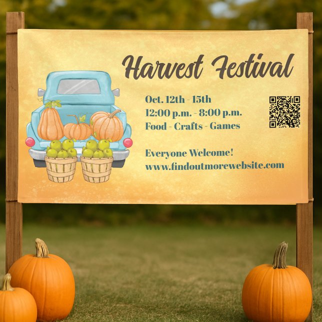 Herbst Pumpkin QR Kodex Herbsternte Festival Banner (ChatGPT said:

Harvest Festival banner with pumpkins, truck, and QR code for easy access to event de)