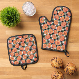 Herbst Pumpkins Schwarz-Weiß-Gingham Fall Ofenhandschuh & Topflappen-Set