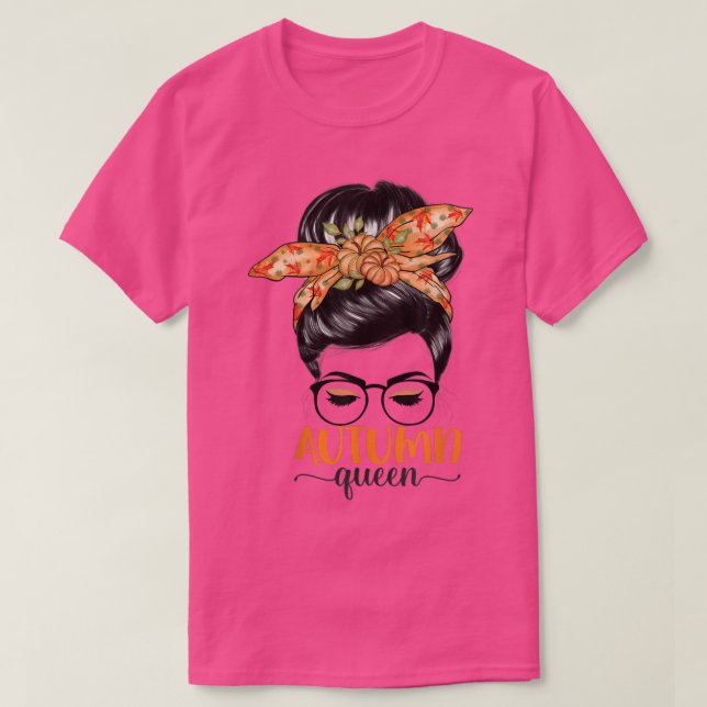 Herbst Queen Pumpkin Messy Bun Fall Verlass Maple  T-Shirt (Design vorne)