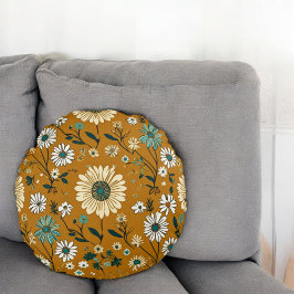 Herbst Retro Boho Mustard Blume Muster Rundes Kissen