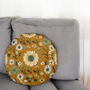 Herbst Retro Boho Senfblumen Muster Rundes Kissen