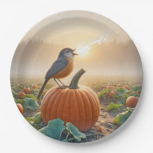 Herbst Robin singt auf einem Kürbiskahn Pappteller