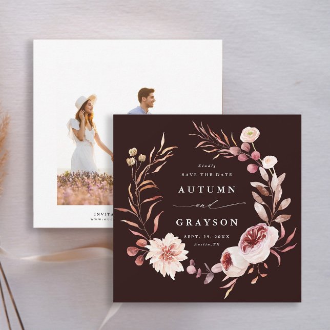 Herbst-Romance-Blumenreath-Hochzeitsszenario-Foto Save The Date (Front & Back)