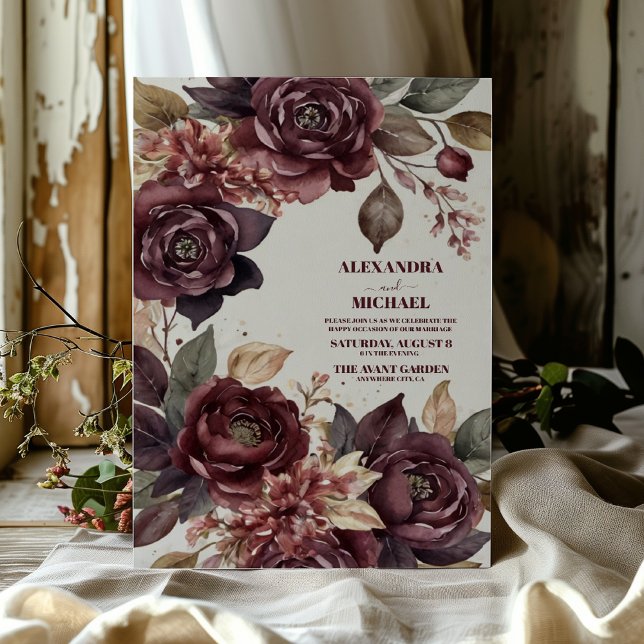 Herbst Romance Burgundy Wasserfarbenhochzeit Einladung (Von Creator hochgeladen)
