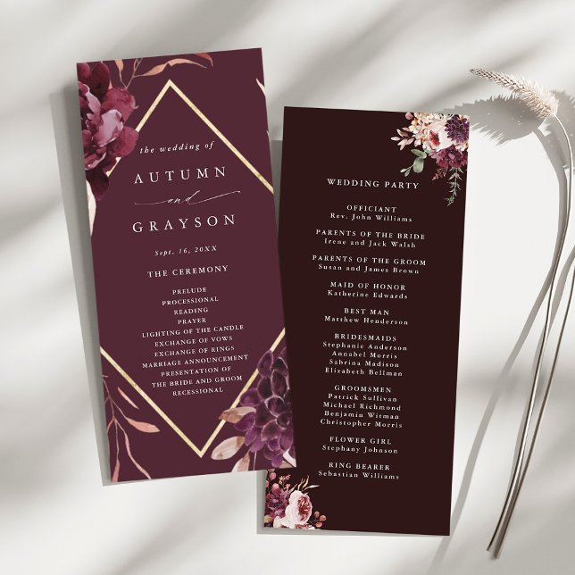 Herbst Romance Gold Frame Burgundy Wedding Programm (Front & Back)