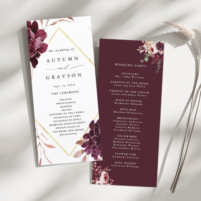 Herbst Romance Gold Frame Burgundy Wedding Programm (Front & Back)