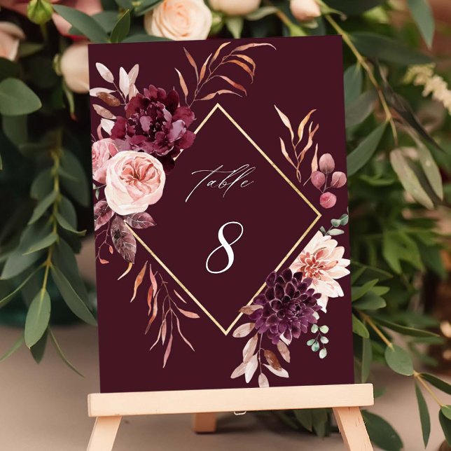Herbst Romance Gold Frame Burgundy Wedding Tischnummer (Von Creator hochgeladen)