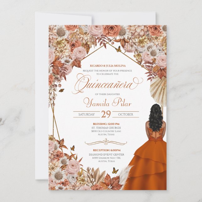 Herbst Rost Orange Blätter Quinceanera Einladung (Vorderseite)