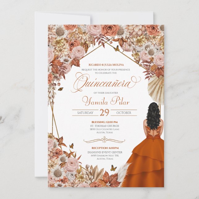 Herbst Rost Orange Blätter Quinceanera Einladung (Vorderseite)