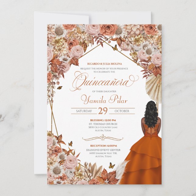 Herbst Rost Orange Blätter Quinceanera Einladung (Vorderseite)