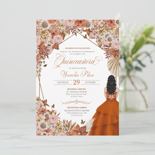 Herbst Rost Orange Blätter Quinceanera Einladung (Stehend Vorderseite)