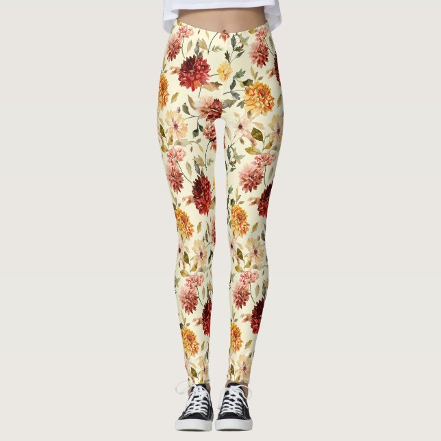 Herbst Rot Gelbe Rosa Blumen Leggings (Vorderseite)