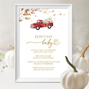 Herbst-Rot-LKW-Sag-Baby-Shower-Spiel-Schild nicht Poster