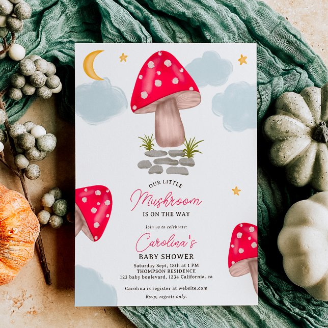 Herbst Rote kleine Pilzmoor-Babydusche Einladung (Fall red little mushroom moon baby shower invitation)