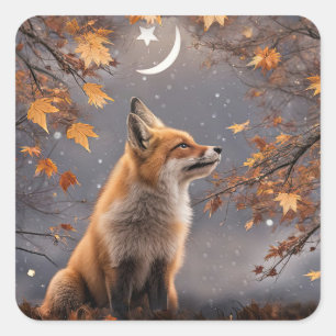 Herbst Rotfuchs und Mond Süß und Hübsch Quadratischer Aufkleber