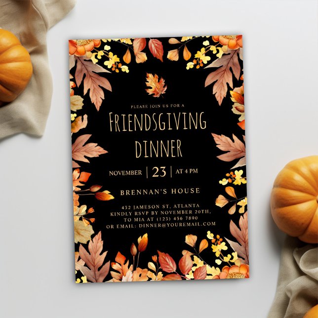 Herbst Rustikaler Erntedank Freundliches Abendesse Einladung (Black Rustic Friendsgiving Dinner Invitation)