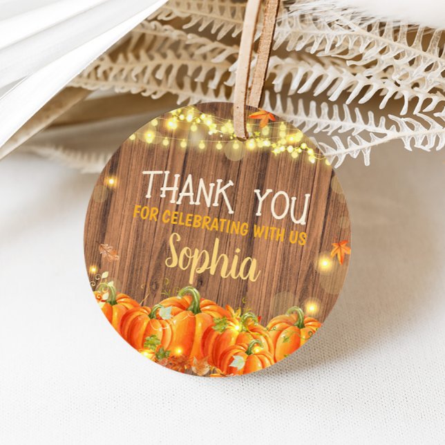 Herbst Rustikaler Pumpkin Patch Geburtstag Runde Geschenkanhänger (Autumn Rustic Pumpkin Patch String Lights Birthday Round Favor Tags)