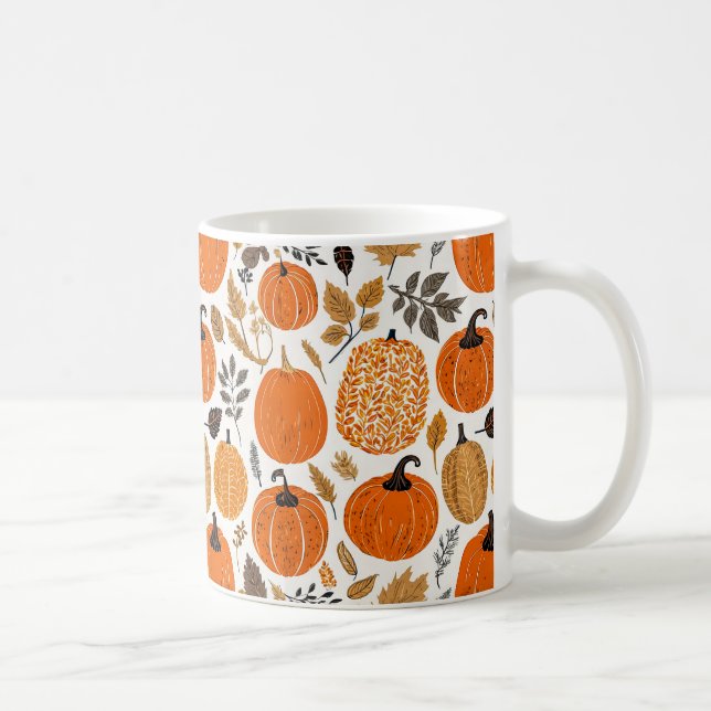 Herbst Rustikales Orange Pumpkins Blattmuster Kaffeetasse (Rechts)