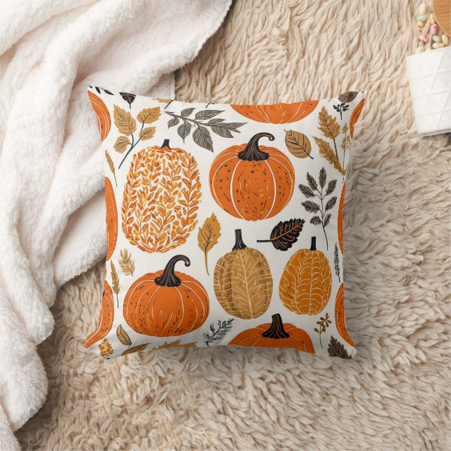 Herbst Rustikales Orange Pumpkins Blattmuster Kissen (Decke)