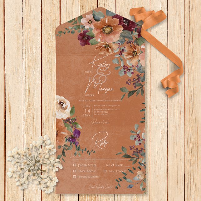 Herbst Rustikales Rost & Wein Rostdüster Abendesse All In One Einladung (Also available with a QR code or without dinner selection options.)