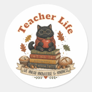 Herbst-Schwarze-Katze-Lehrer-Leben-Klassenzimmer i Runder Aufkleber
