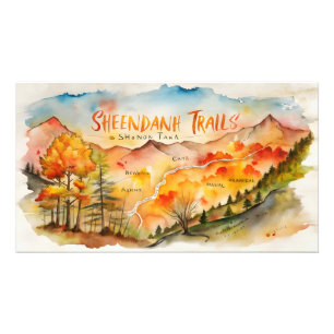 Herbst Shenandoah Trails Karte – Aquarell-Wandkuns Fotodruck