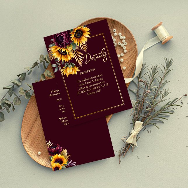 Herbst Sommerburgund Sonnenblumen Hochzeitsdetails Begleitkarte (Fall summer burgundy sunflowers wedding details enclosure card rustic wedding invitations)