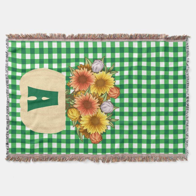Herbst Sonnenblumen & Pumpkins Green Gingham Decke (Vorderseite)