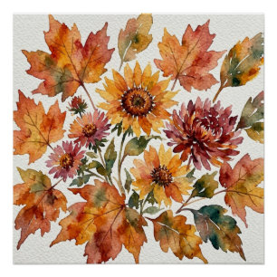 Herbst-Sonnenblumen- und Ahornblatt-Aquarell-Sträu Poster
