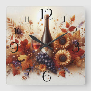 Herbst Sonnenblumen, Wein und Trauben Quadratische Wanduhr