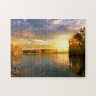 Herbst Sonnenuntergang auf dem Fluss. Puzzle