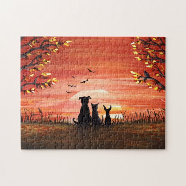 Herbst Sonnenuntergang Hund und Katze fallen Puzzle (Horizontal)
