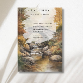 Herbst-Steinbrücke-Fluss-Blätter-Hochzeit RSVP Karte